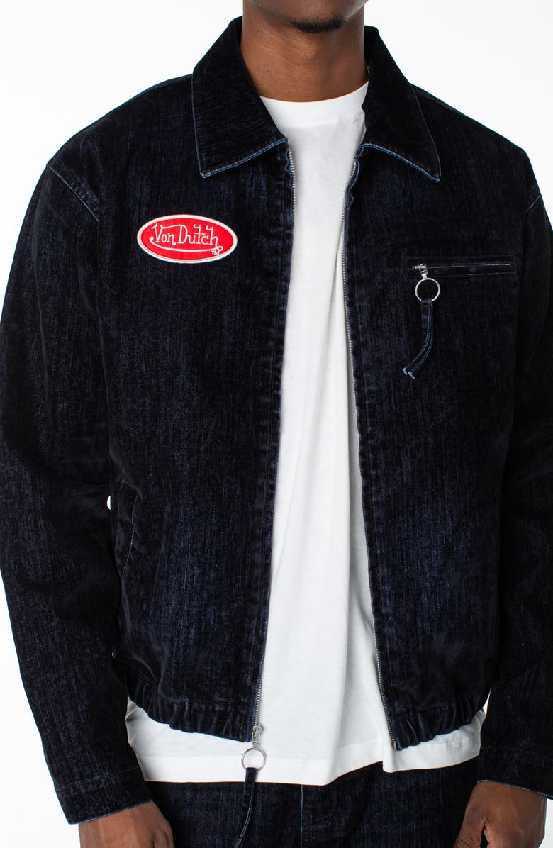Von Dutch Pagans Flocked Bomber Denim Jacket, Alternate, color, Storm Surge