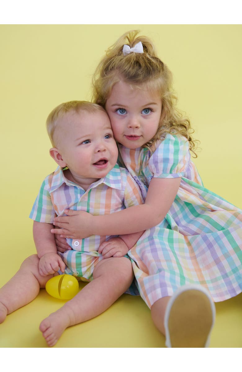 RuggedButts Baby Boys Woven Short Sleeve Button-Up Romper, Alternate, color, Poppy Rainbow Plaid