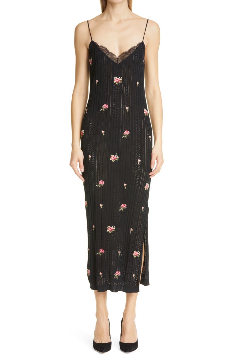 Rose Embroidered Midi Knit Slipdress, Main, color, 0NO NERO