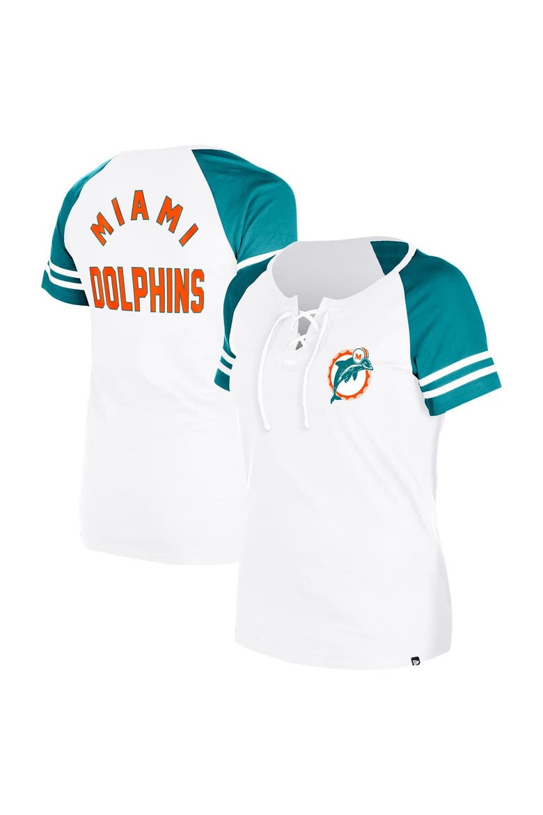 Women's New Era Gray Miami Dolphins Throwback Lace-Up Raglan T-Shirt, Main, color, Gray