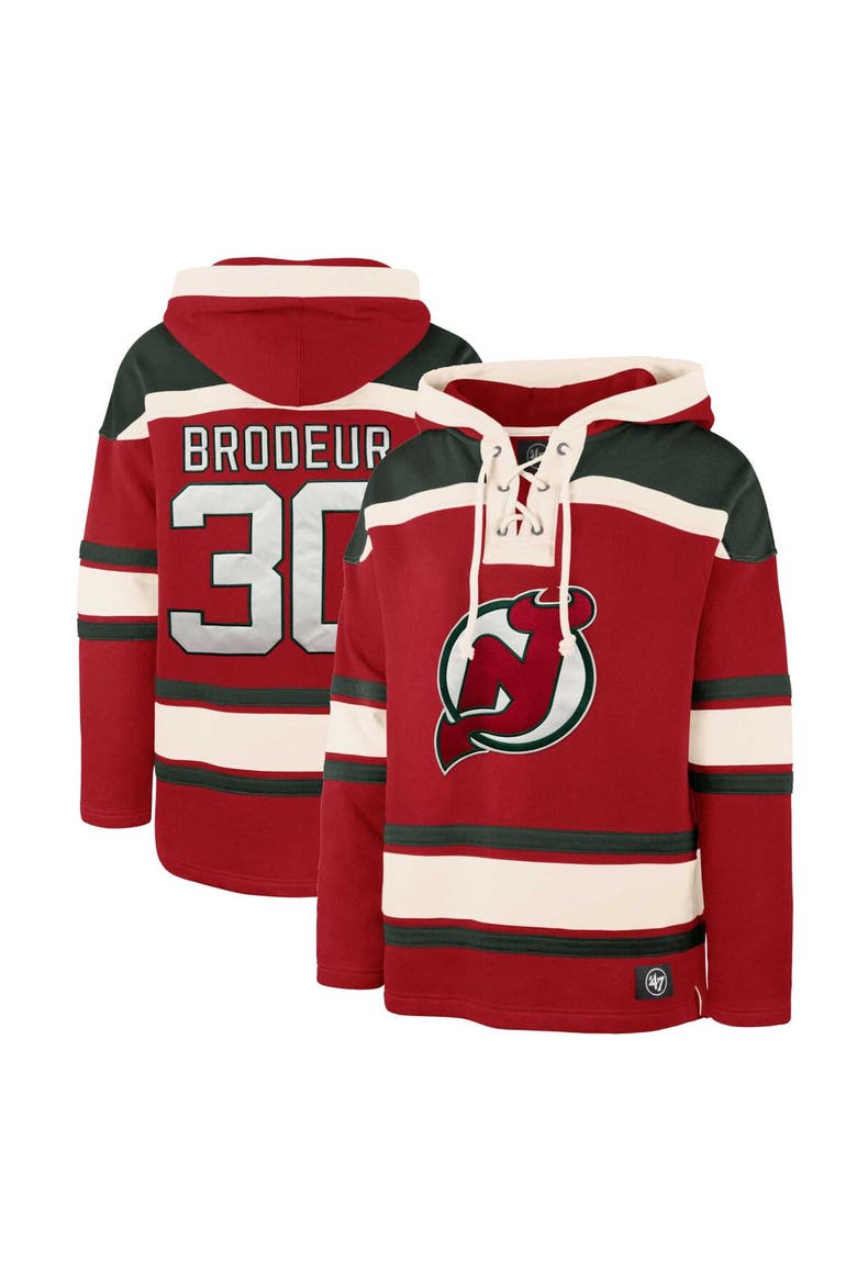 Men's '47 Martin Brodeur Red New Jersey Devils Retired Player Name & Number Lacer Pullover Hoodie, Alternate, color, Red