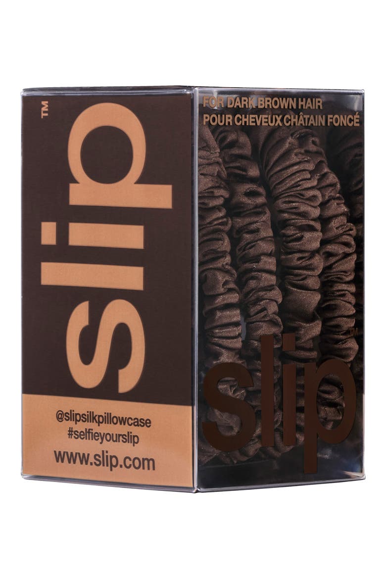 Pure Silk 4-Pack Skinny Scrunchies: Back to Basics Collection, Alternate, color, DARK BROWN