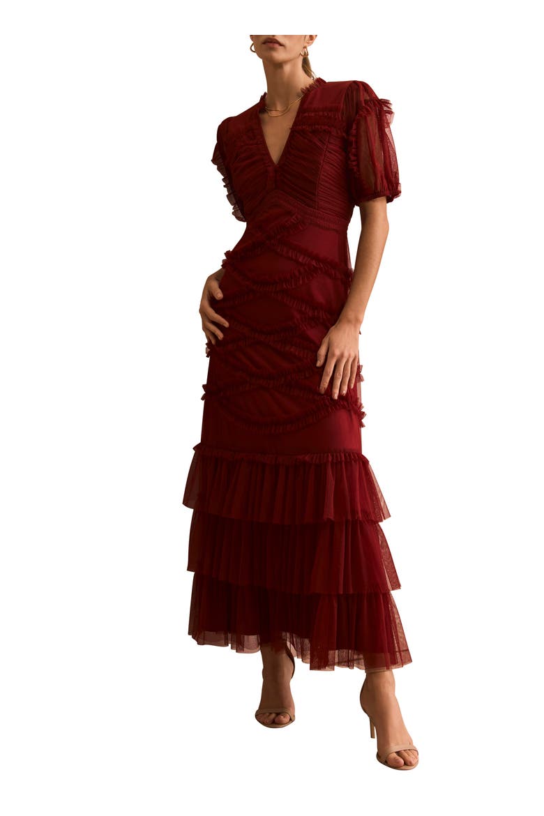 Short Sleeve Tulle Ruffle Maxi Dress, Alternate, color, Burgundy