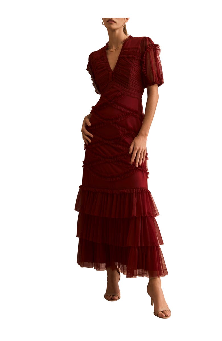 MINT VELVET Short Sleeve Tulle Ruffle Maxi Dress, Alternate, color, Burgundy