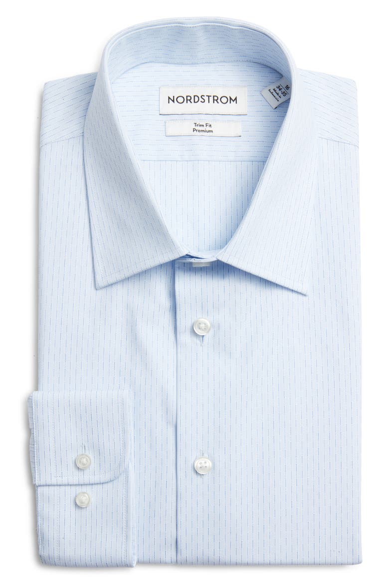 Trim Fit Pinstripe Premium Cotton Dobby Dress Shirt, Main, color, BLUE ISIDORO STRIPE