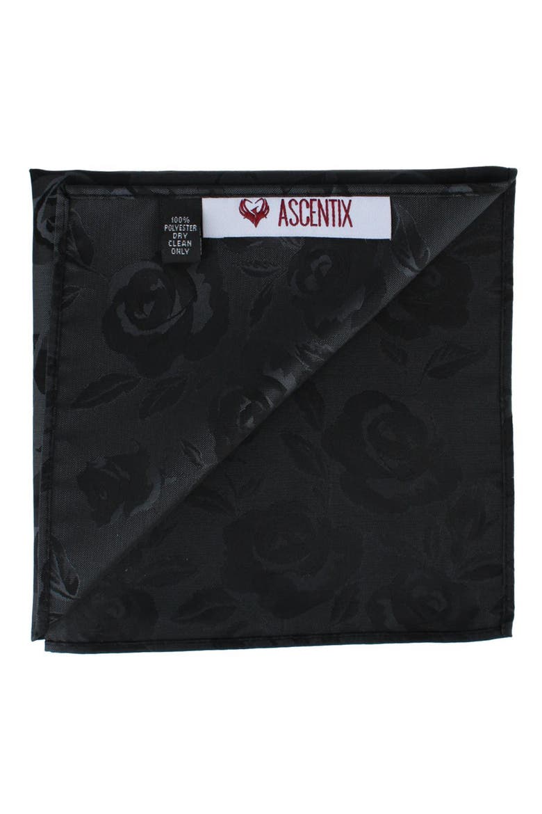 Rose Print Tone on Tone Pocket Square, Alternate, color, Black