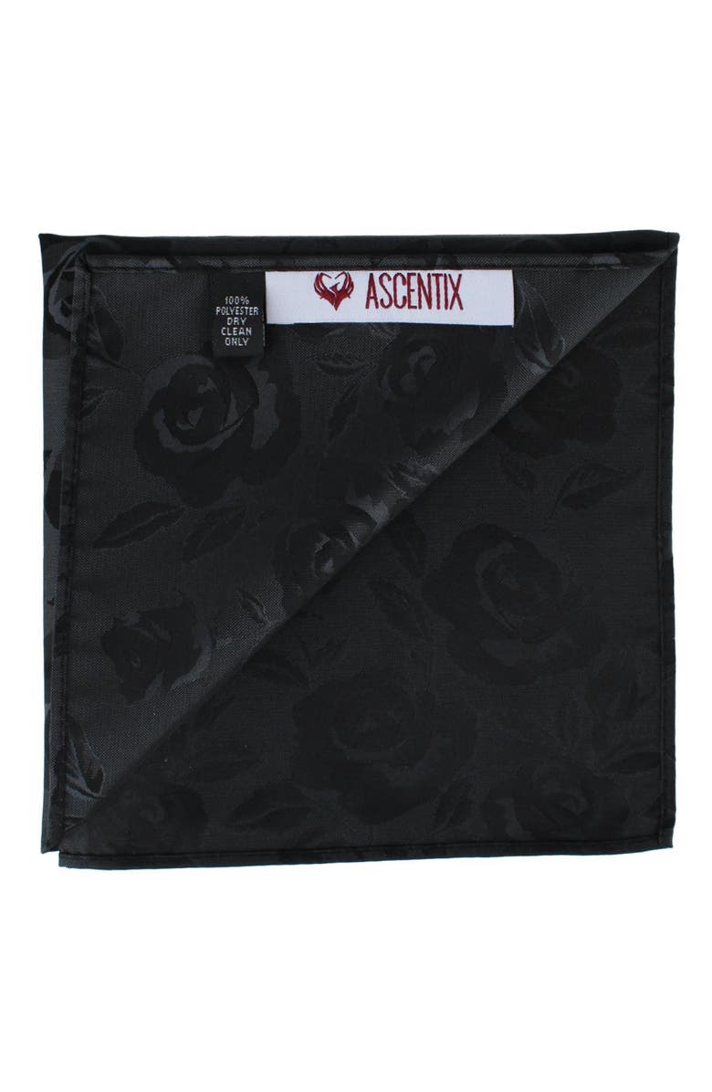 Ascentix Rose Print Tone on Tone Pocket Square, Alternate, color, Black