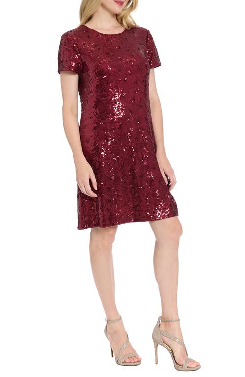 London Times Triangle Sequin Shift Dress In Burgundy
