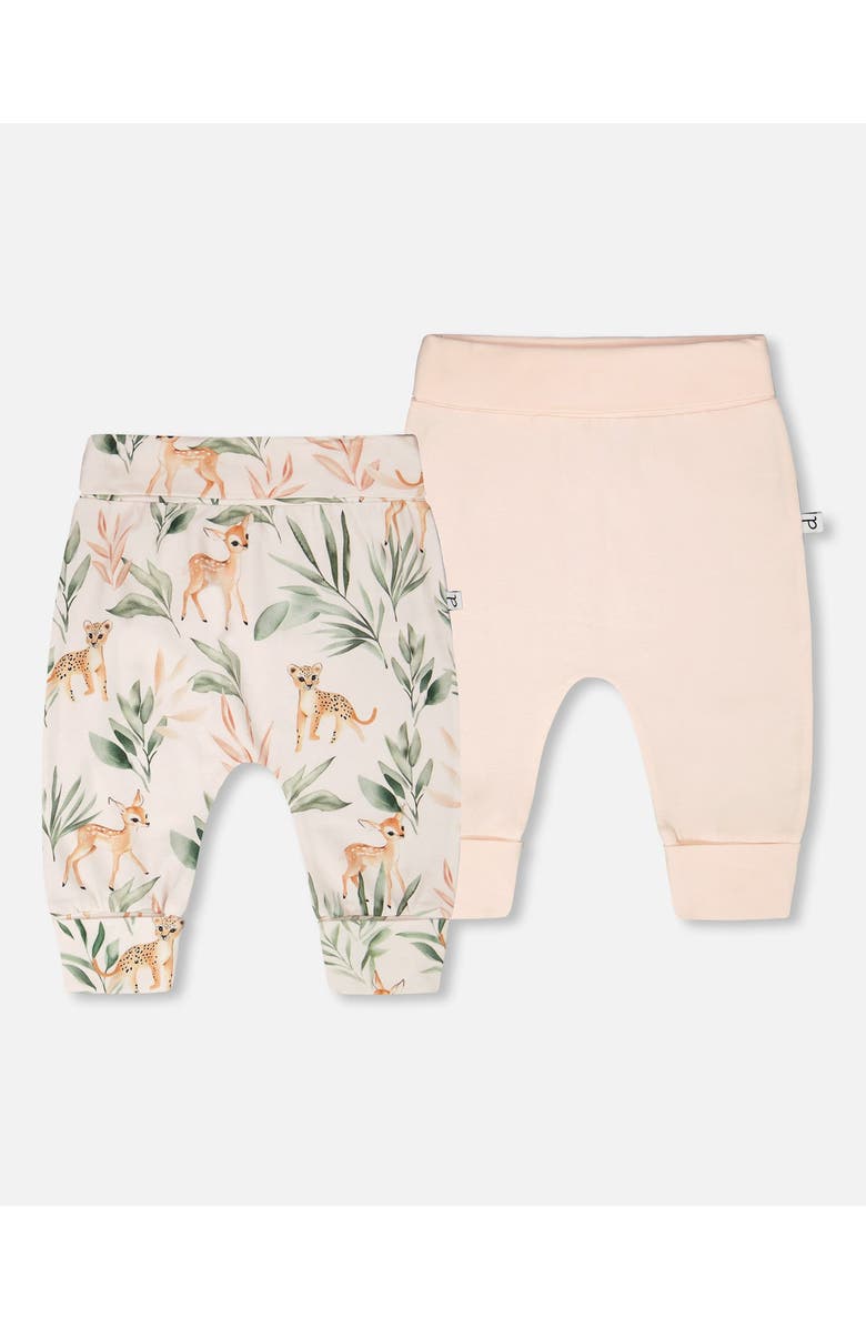 Deux par Deux 2 Pack Organic Cotton Jersey Evolutive Deer Printed Pants, Main, color, Peach Deer Print