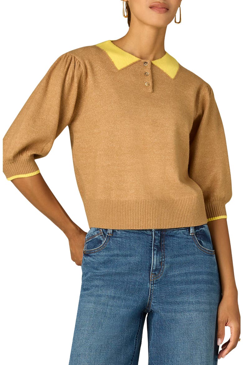 Puff Shoulder Elbow Sleeve Henley Sweater, Main, color, GOLDEN SUGAR/MERIGOLD