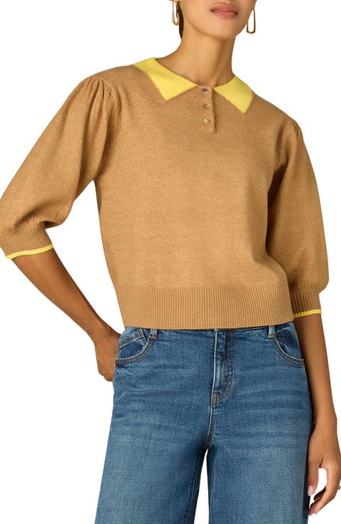 Puff Shoulder Elbow Sleeve Henley Sweater