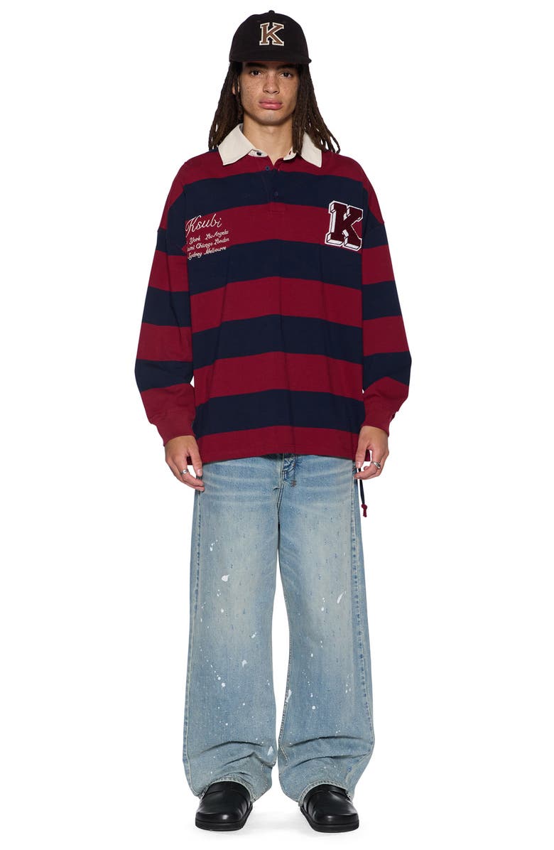 Ksubi Stripe Appliqué Cotton Rugby Shirt, Alternate, color, Burgundy