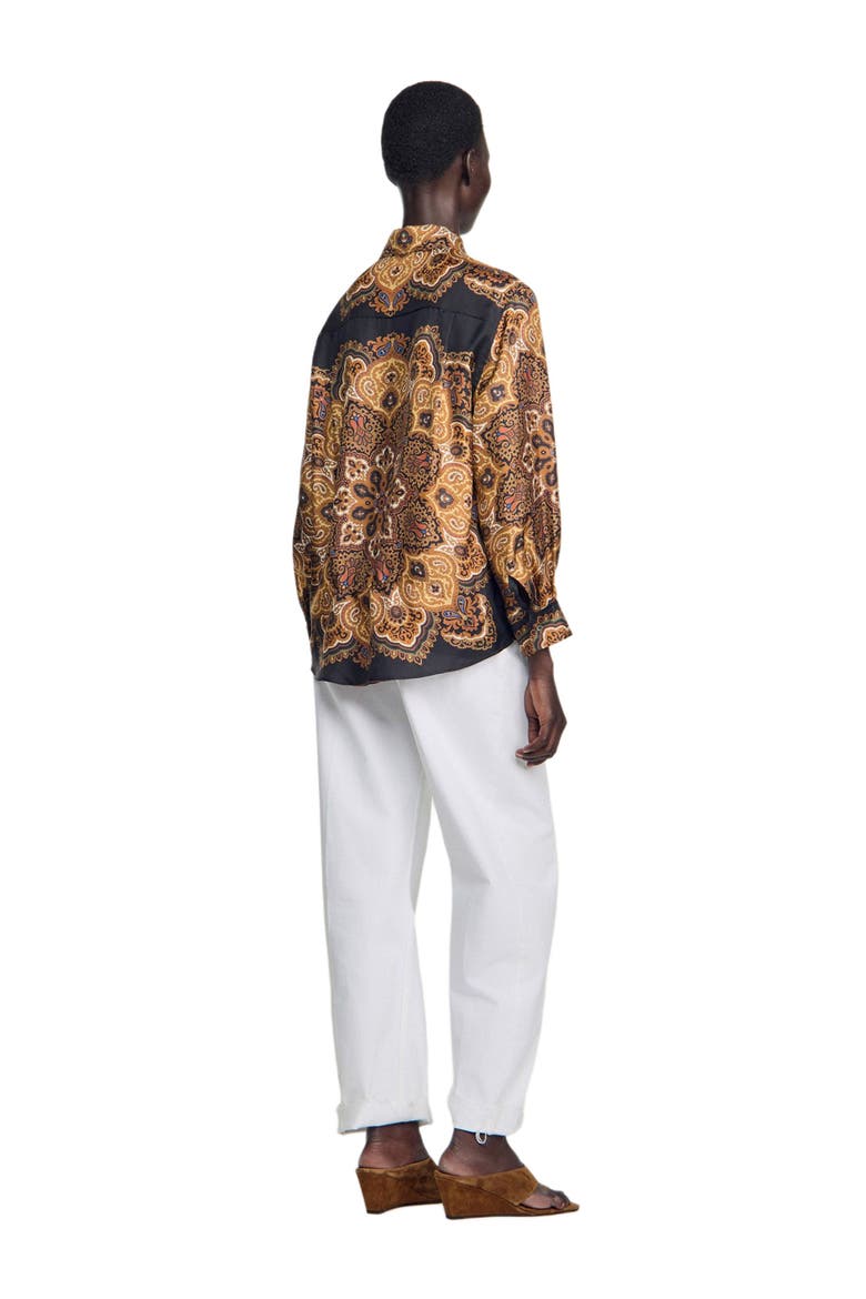Scarf print silk shirt, Alternate, color, Black / ocher