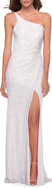 La Femme Sequin Gown with One Shoulder Top and Open Back