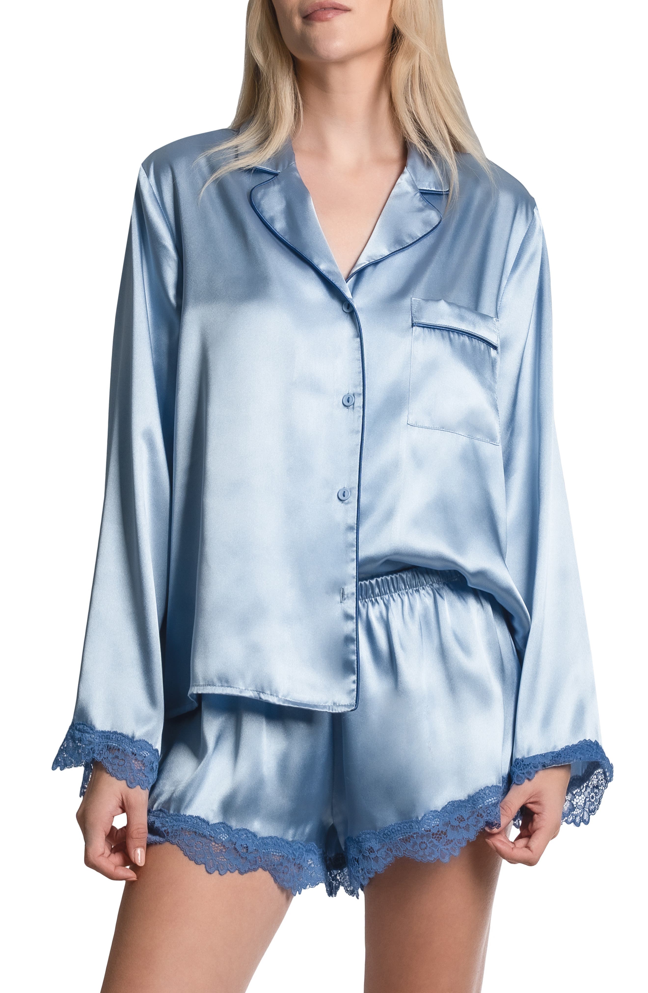 In Bloom by Jonquil Felicity Lace Trim Long Sleeve Satin Shorts Pajamas - Chambray
