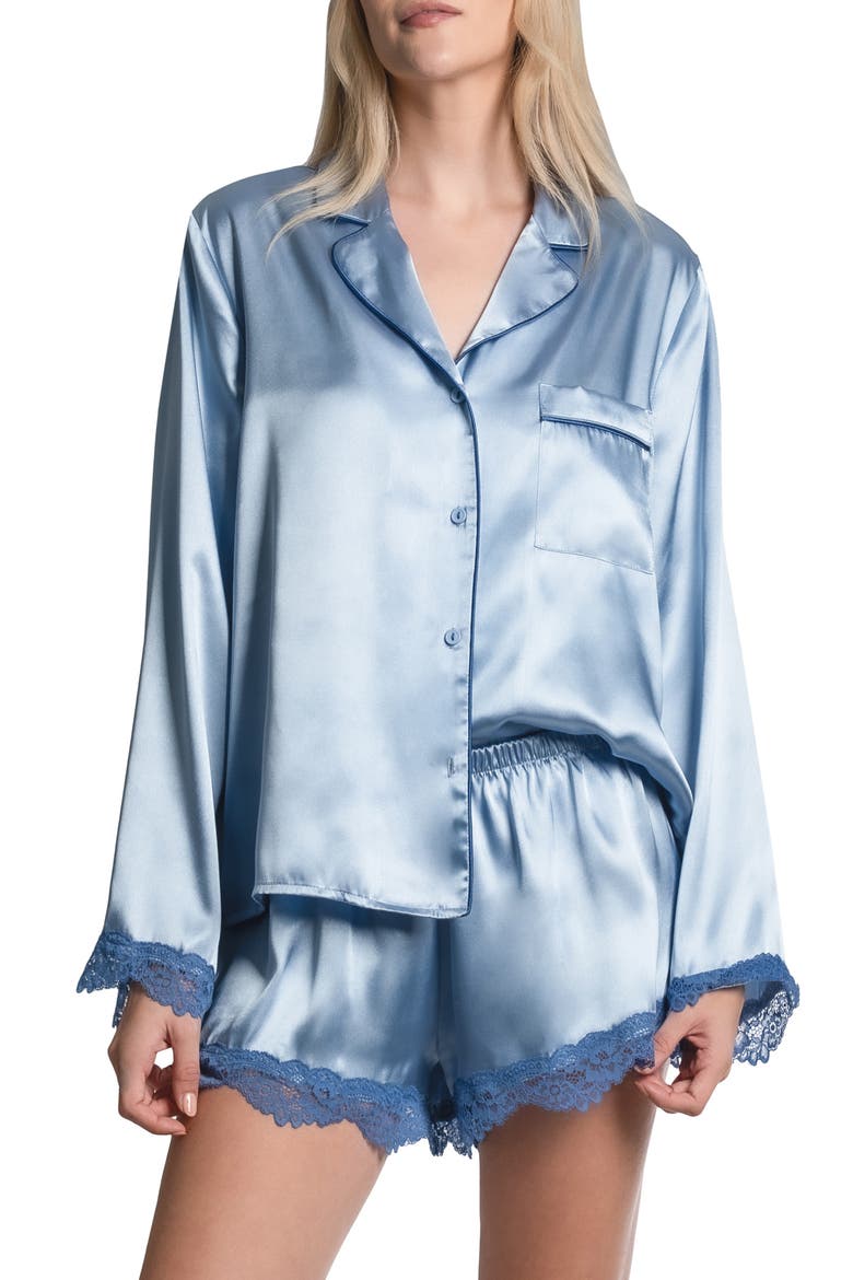 Felicity Lace Trim Long Sleeve Satin Shorts Pajamas, Main, color, CHAMBRAY
