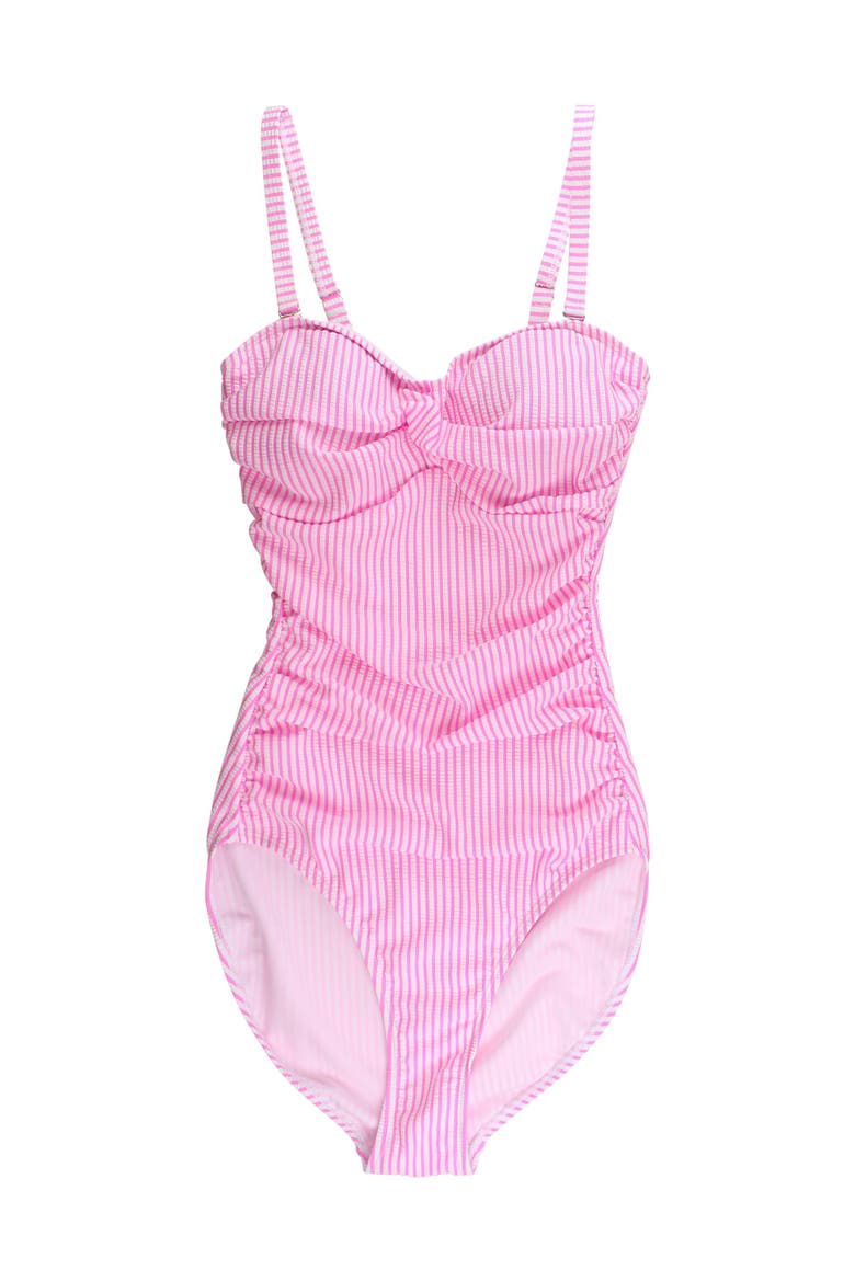 UPF50+ Seersucker Women's Convertible Bandeau One Piece Swimsuit, Main, color, Neon Pink Seersucker