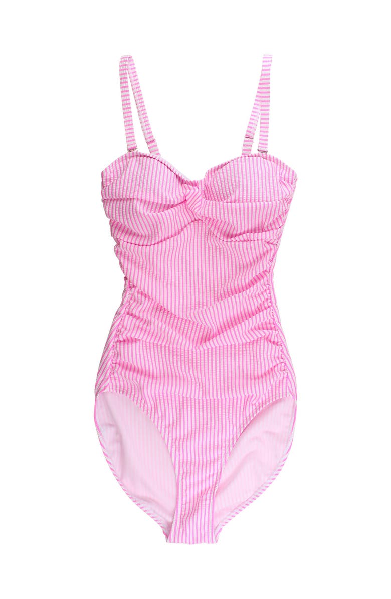 RuffleButts UPF50+ Seersucker Women's Convertible Bandeau One Piece Swimsuit, Main, color, Neon Pink Seersucker
