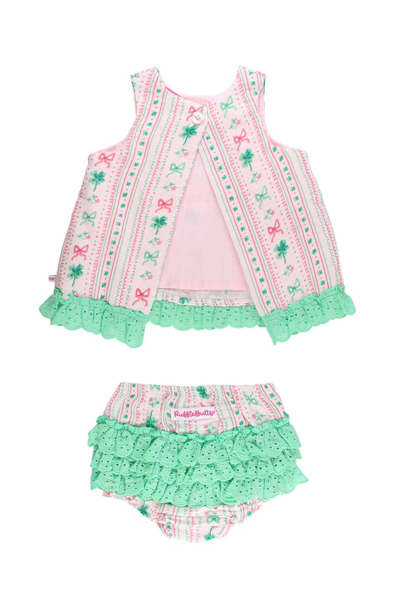 RuffleButts Cotton Gauze Swing Top and Bloomer Set, Alternate, color, Clover Bows 
Wishes