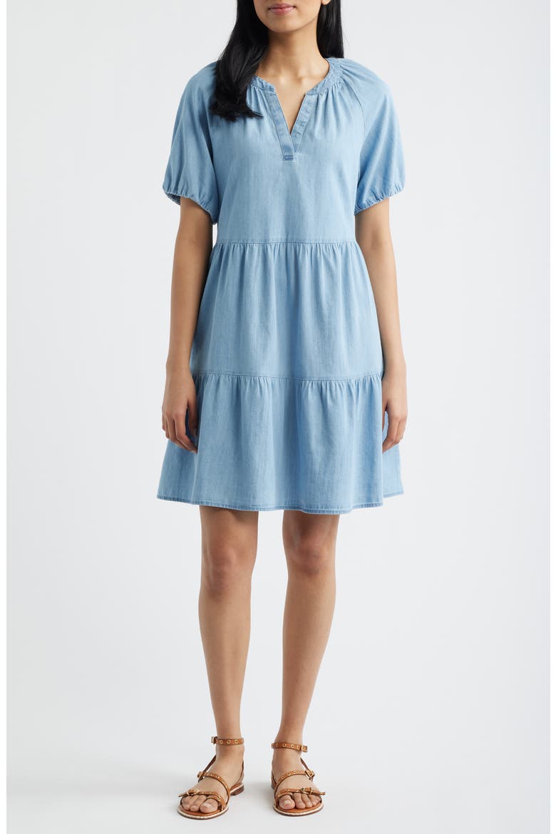 Kendra Tiered Cotton Dress, Main, color, LIGHT WASH