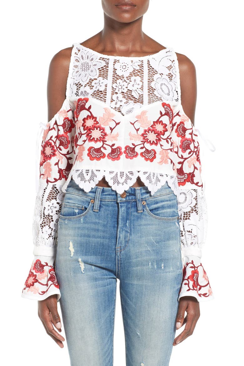 'Cecelia' Cold Shoulder Crop Top, Main, color, WHITE