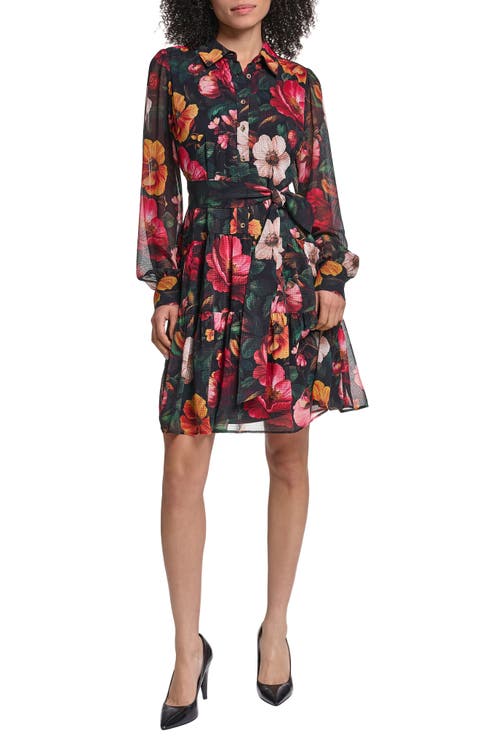 Print Tie Waist Long Sleeve Chiffon Dress