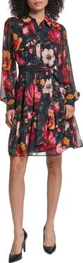 KARL LAGERFELD PARIS Print Tie Waist Long Sleeve Chiffon Dress