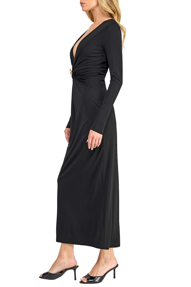 Buckle Detail Long Sleeve V-Neck Midi Dress, Alternate, color, BLACK