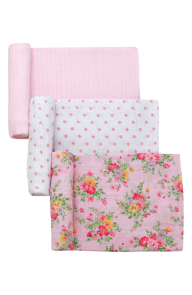 Little Me 3-Pack Cotton Muslin Swaddle Blankets, Main, color, Pink