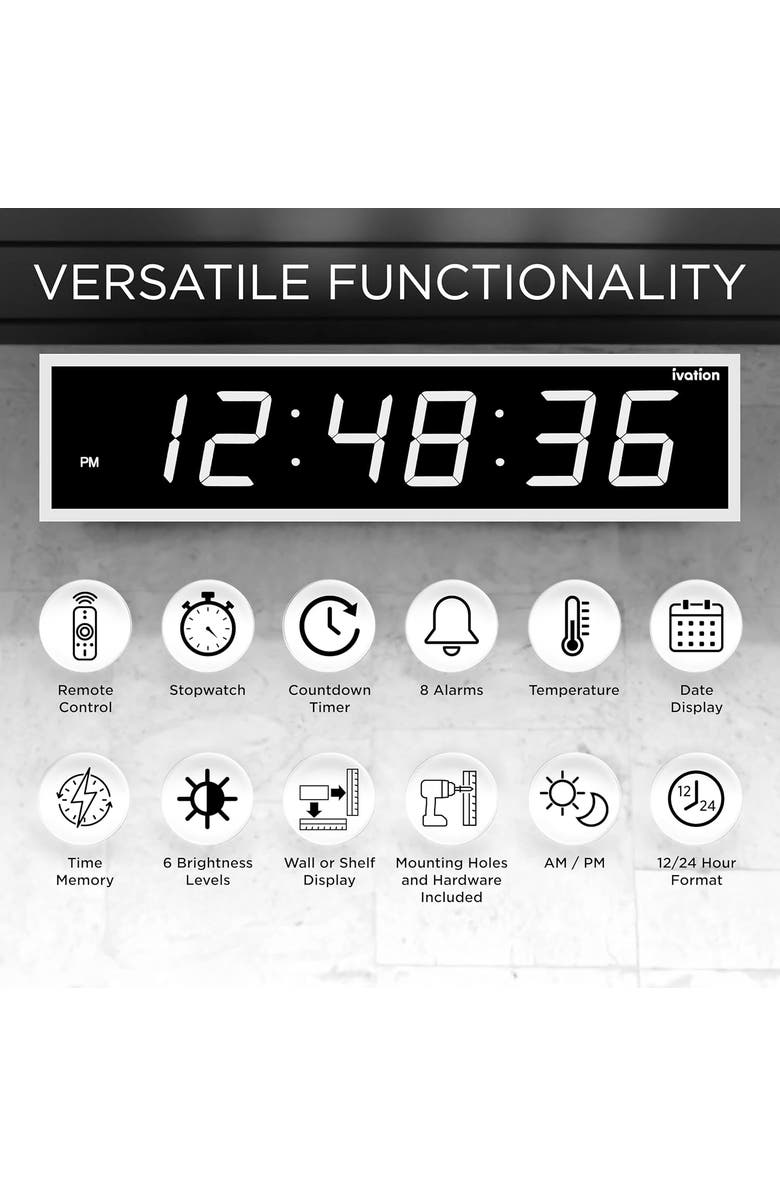 Ivation Large Digital Clock, 48 Led Wall Clock with Stopwatch, Alarms, Timer, Temp & Remo, Alternate, color, White