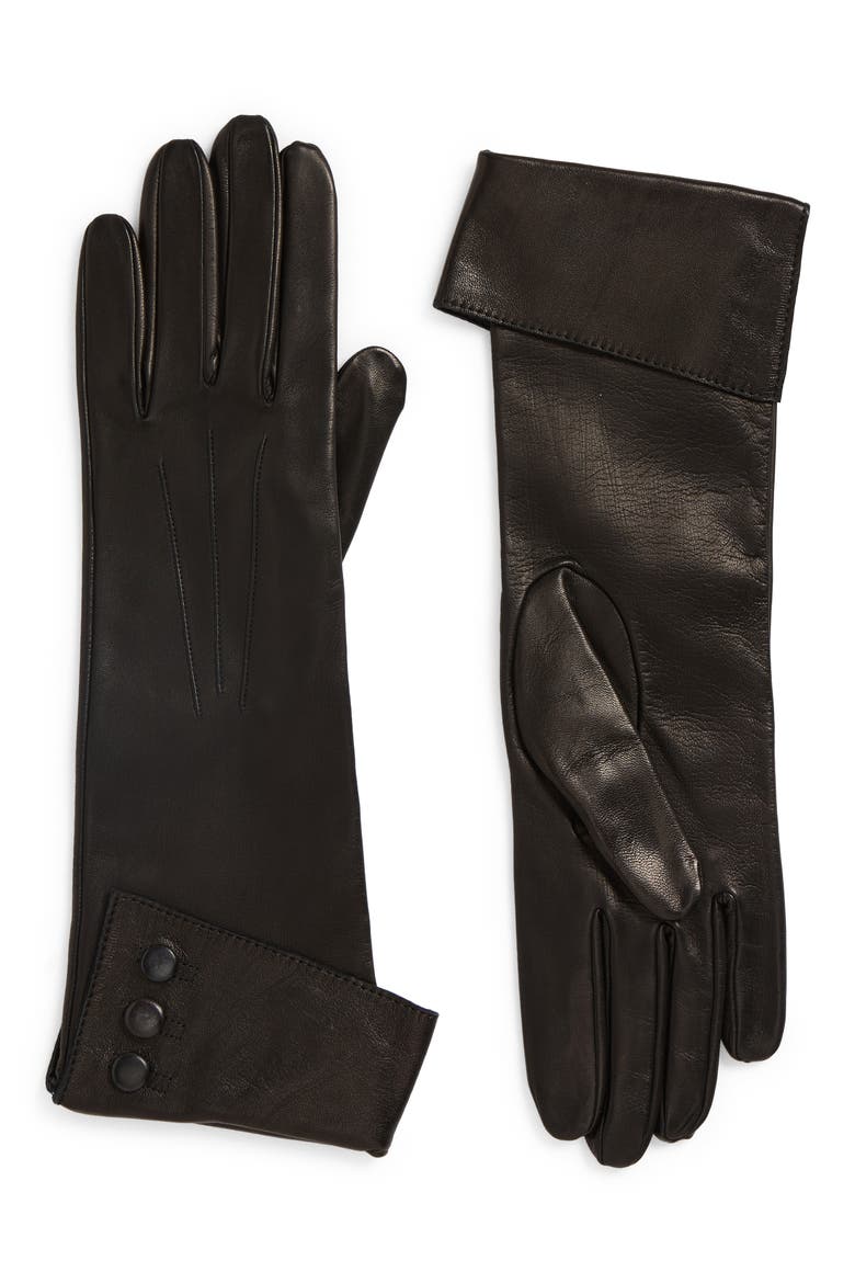 Gwyneth Button Cuff Leather Gloves, Main, color, BLACK