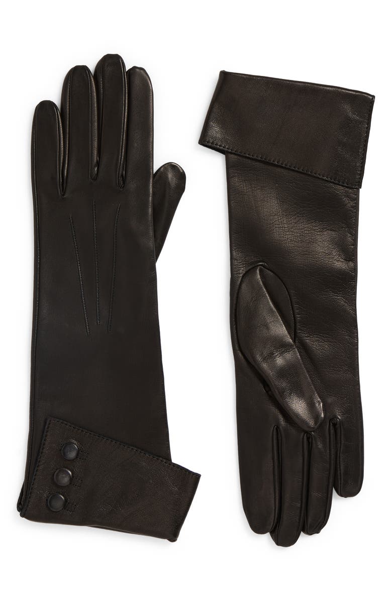 Paula Rowan Gwyneth Button Cuff Leather Gloves, Main, color, Black