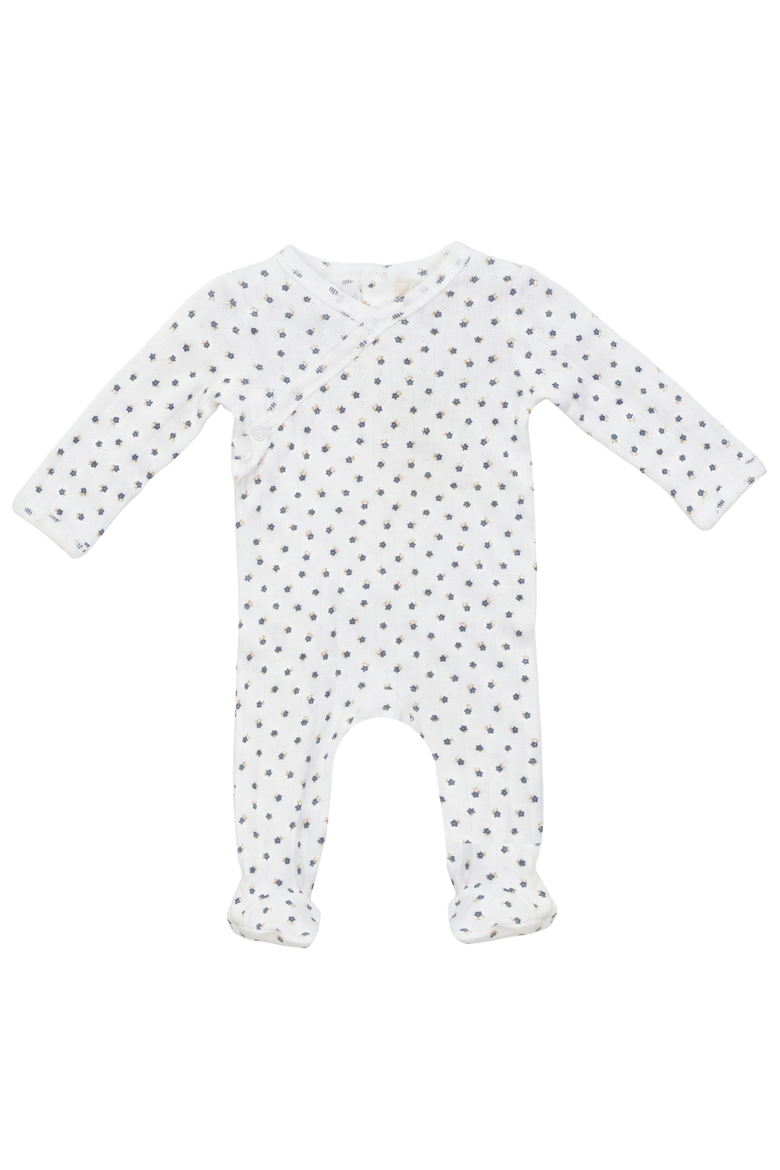 Boy Pointelle Flower Print Wrap Romper, Main, color, White/Denim