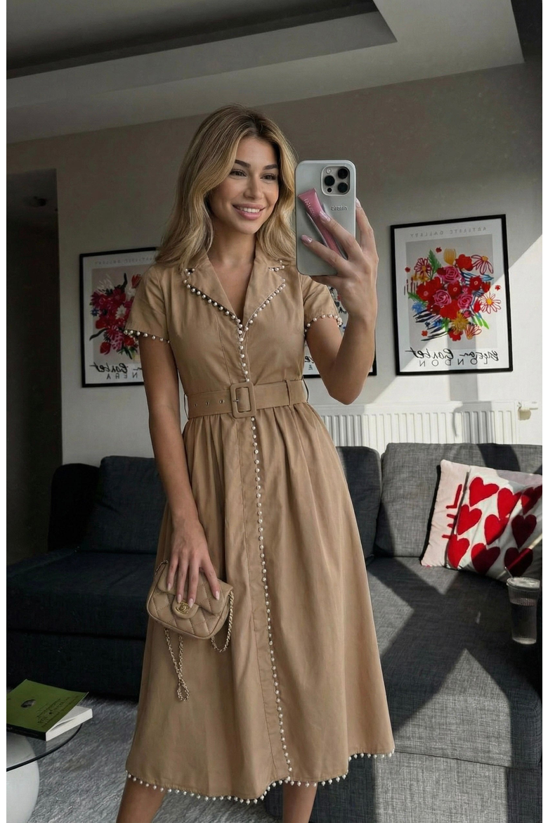 Short Sleeve Collared Midi Dress with Pearl Details and Statement Belt, Alternate, color, Beige