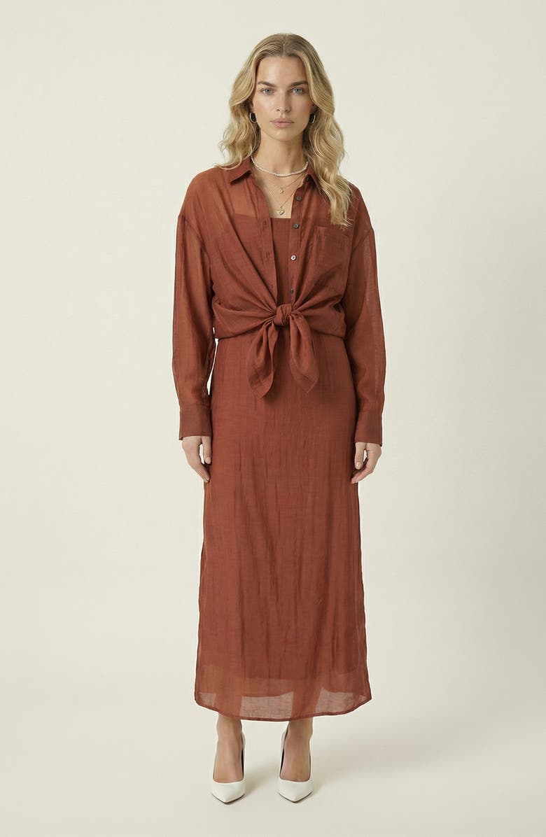 Modenaire Sheer Layered Two Piece Midi Dress Set, Main, color, Rust