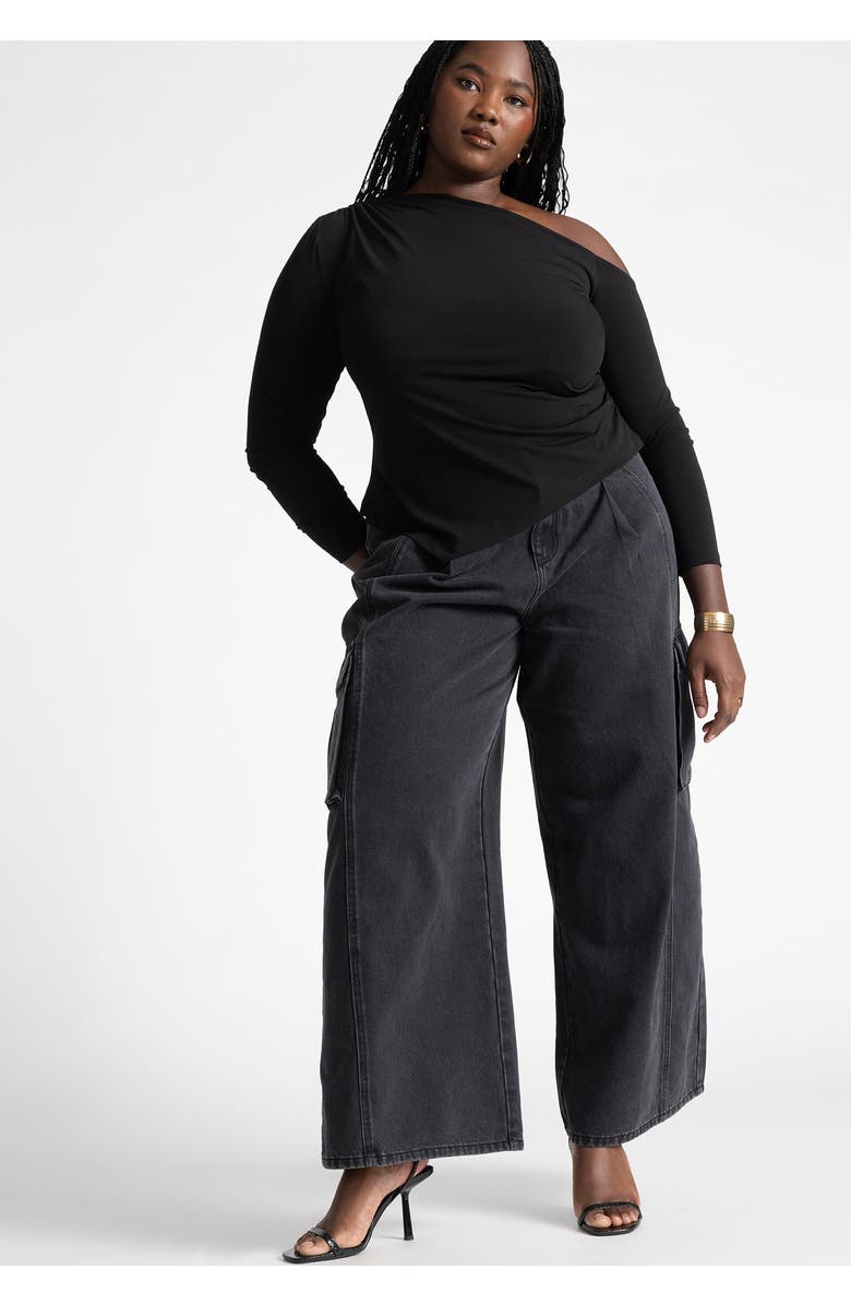 ELOQUII Wide Leg Cargo Jean, Alternate, color, Washed Black