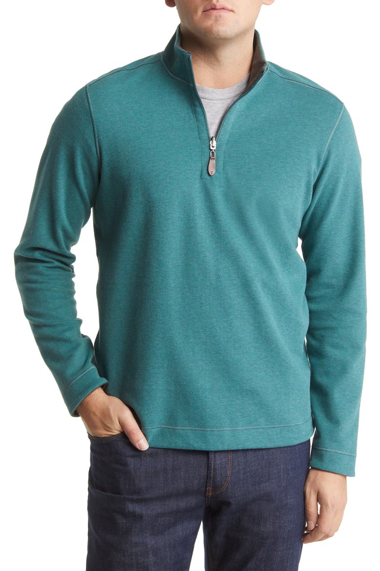 Reversible Cotton Blend Quarter Zip Pullover, Main, color, EMERALD/ BROWN