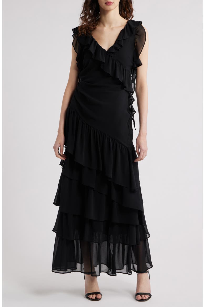 Cap Sleeve Cascading Ruffle Gown, Main, color, BLACK