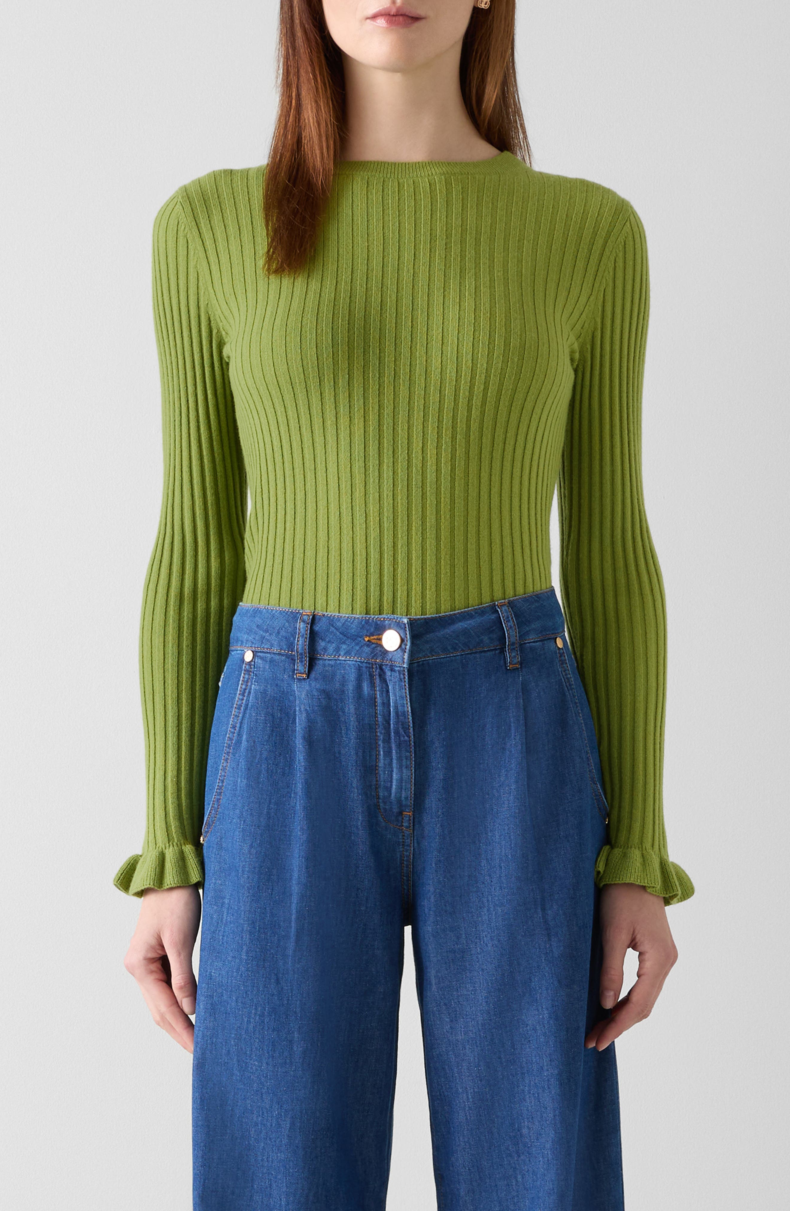LK Bennett Yara Ruffle Cuff Rib Crewneck Sweater