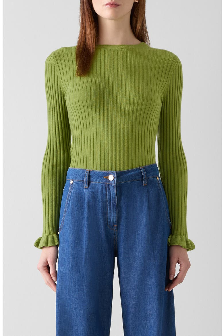 Yara Ruffle Cuff Rib Crewneck Sweater, Main, color, GREEN