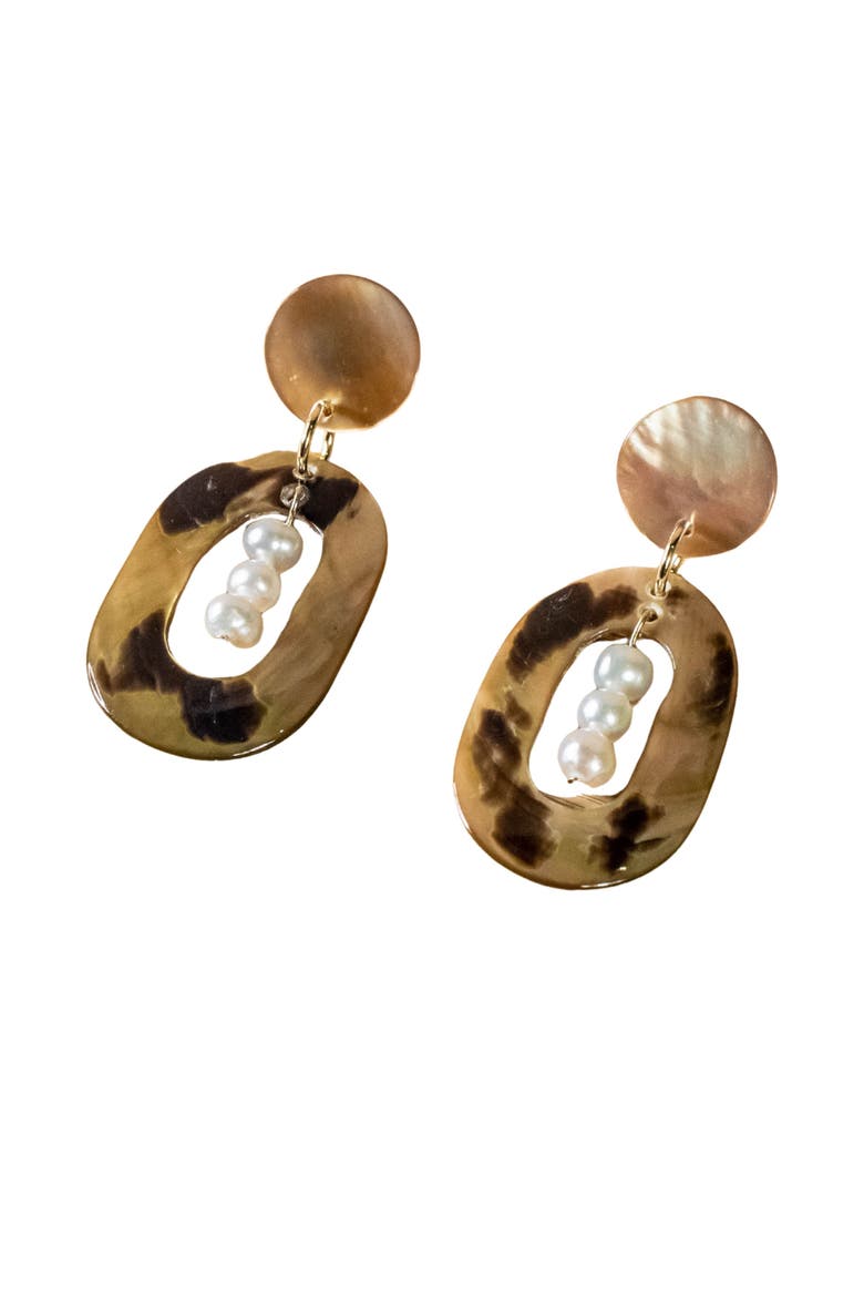Mother-of-Pearl Oval Dangle Earrings with Inner Pearls, Main, color, Brown