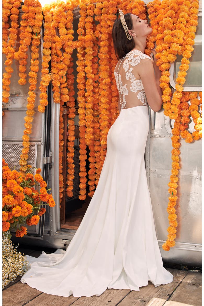 Nesryne Lace & Crepe Trumpet Wedding Dress, Alternate, color, IVORY