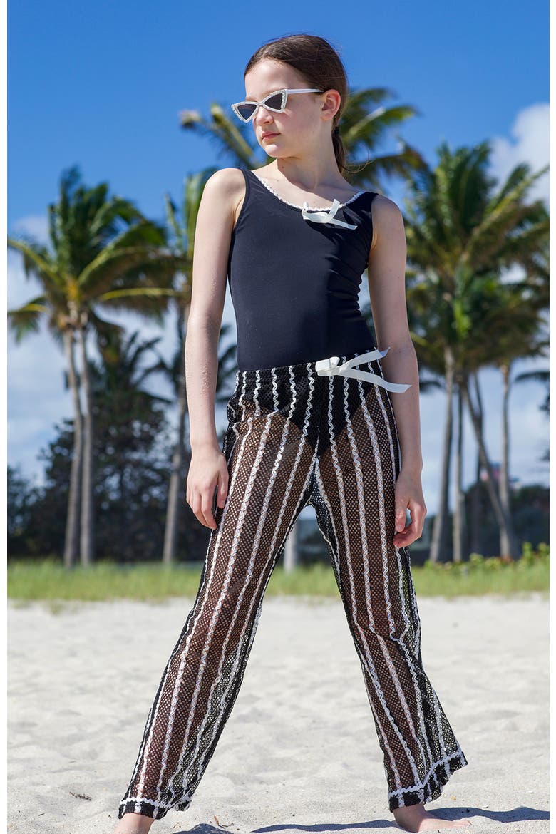 Striped Mesh Beach Trousers with Ribbon Tie, Alternate, color, Black