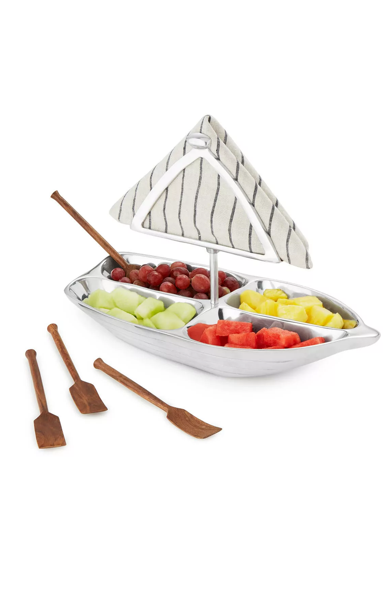 Uncommon Goods Rowboat Serving Bowl with Napkin Holder, Main, color, Silver / Brown