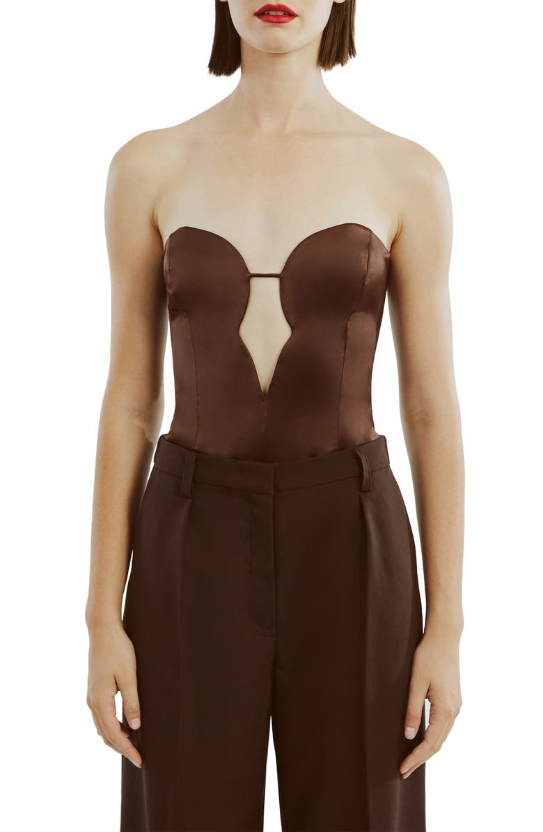 Bardot Eleni Plunge Neck Strapless Satin Bodysuit, Main, color, 