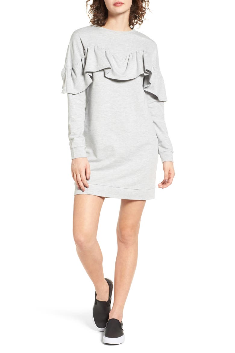 Ruffle Sweatshirt Dress, Main, color, HEATHER GRAY