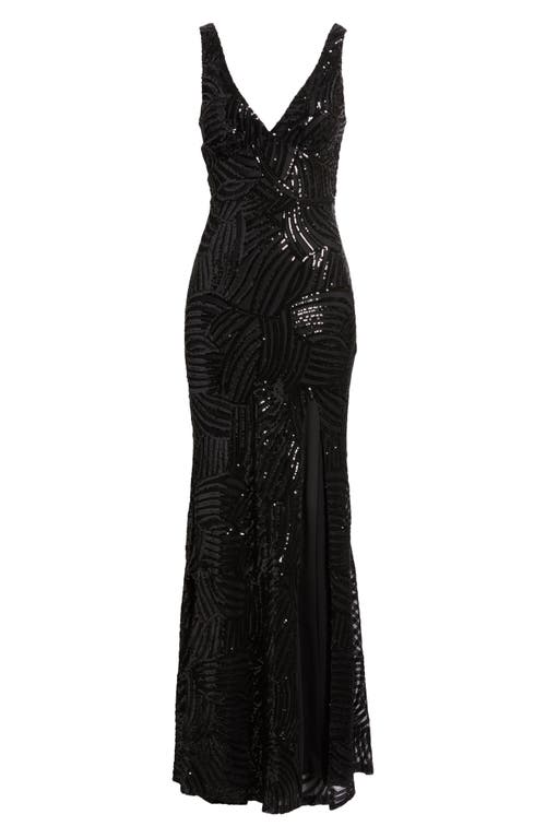 City Studio Royal Sequin Side Slit Gown In Black