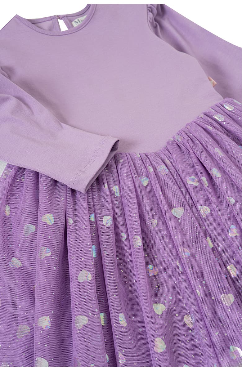 Mini Celebrities Gleam Long Sleeve Foil Heart Tulle Dress, Alternate, color, Lilac Dream