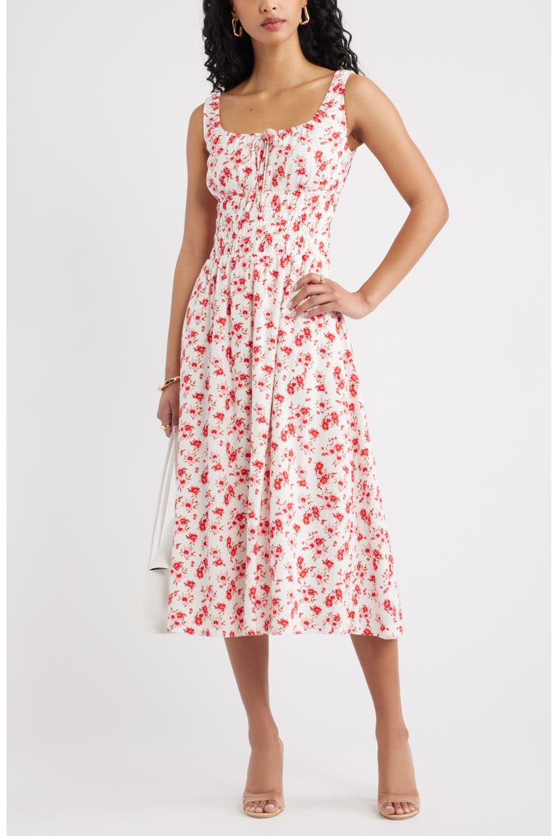 Smocked Waist Midi Dress, Alternate, color, IVORY- PINK SOFT HIBISCUS