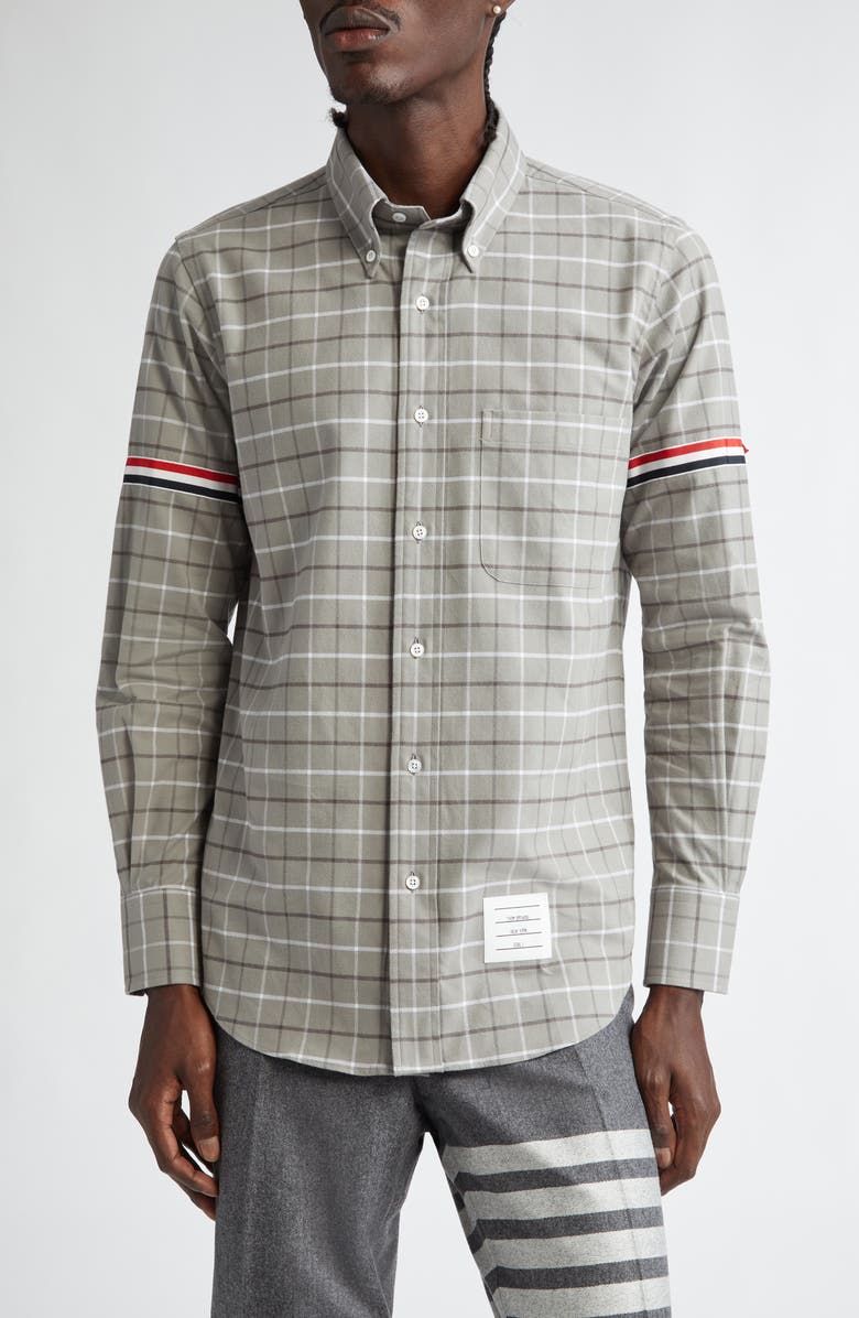 Thom Browne Straight Fit Check Cotton Flannel Button-Down Shirt, Main, color, 